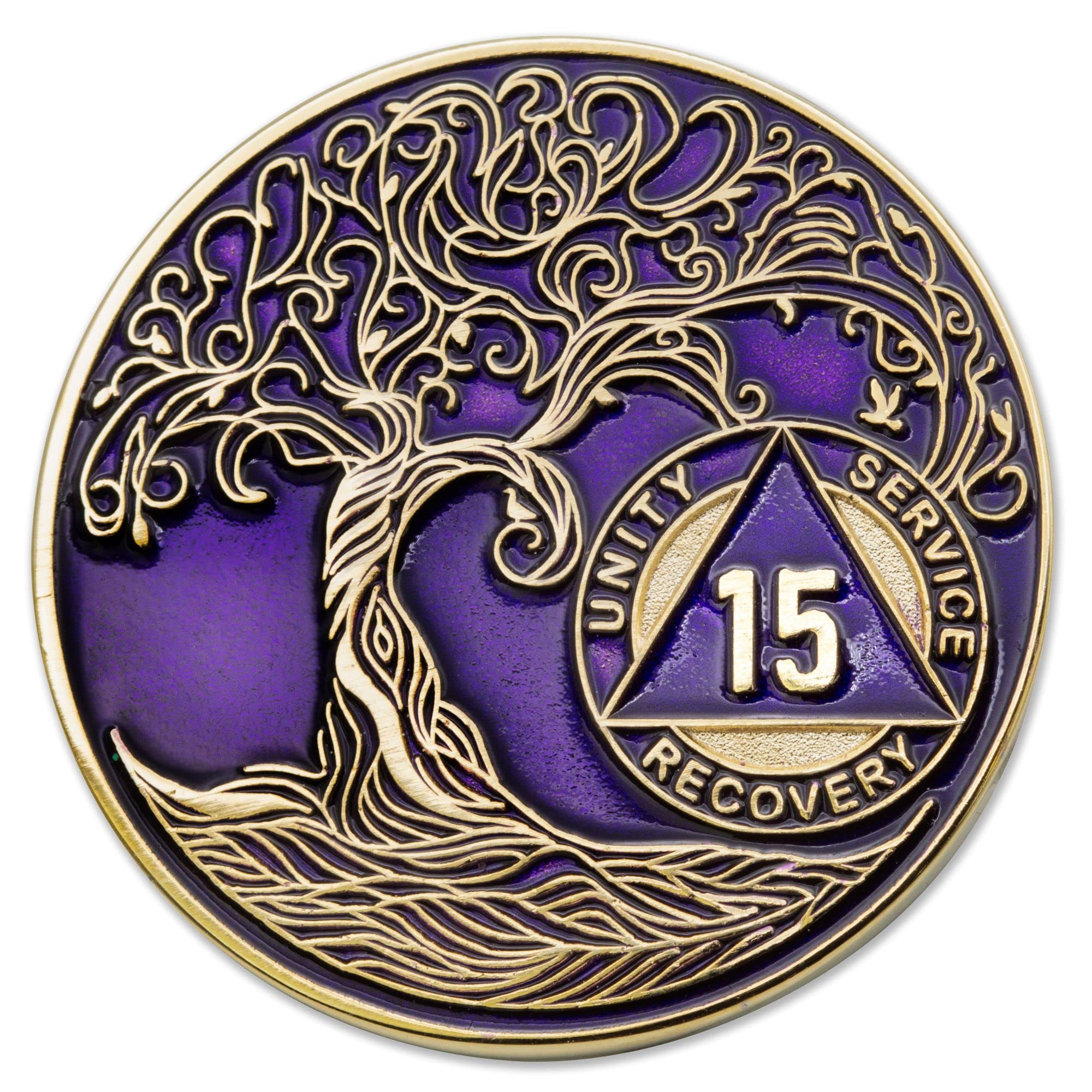 1 to 50 Year Twisted Tree of Life Sobriety Coin - Gold Plated AA Chips &amp; Medallions - 15 Year Sobriety Coin - Purple