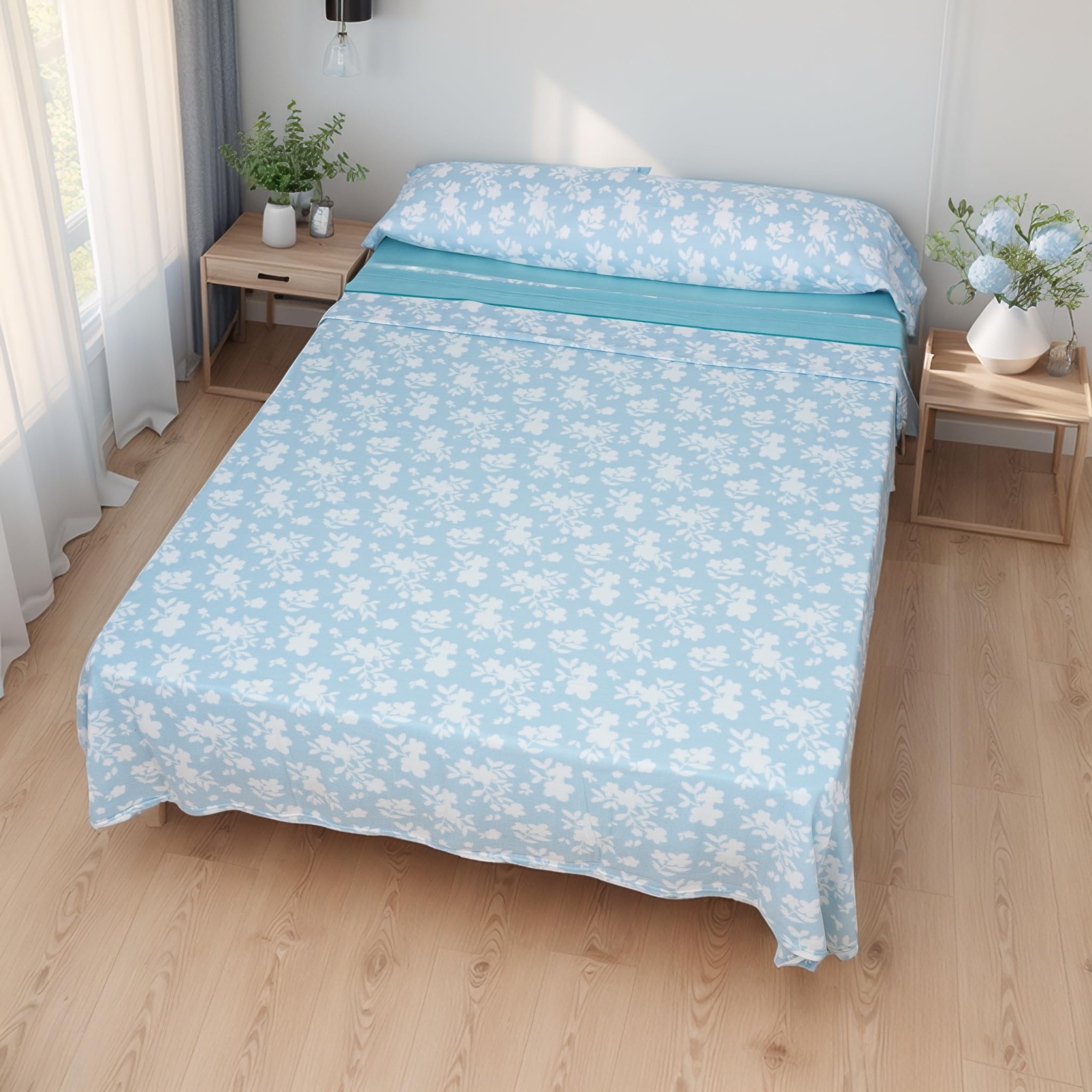 Conjunto de Sábanas Térmicas Pirineo 3 Piezas para Invierno - Microfibra Cepillada Premium, Incluye Sábana Bajera Ajustable, Encimera y Funda de Almohada - Color Flores Verde, Cama de 150 x 190cm
