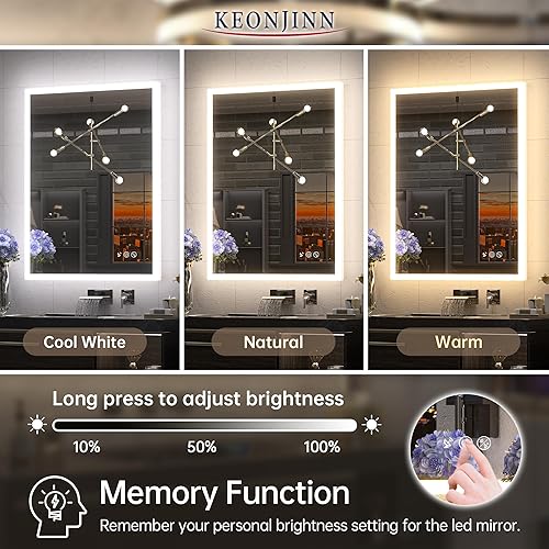 Miniatura 4 de Keonjinn Espejo LED inteligente de 36 x 36 pulgadas para baño con luces con sensor acrílico, espejo frontal y retroiluminado de 3 colores de