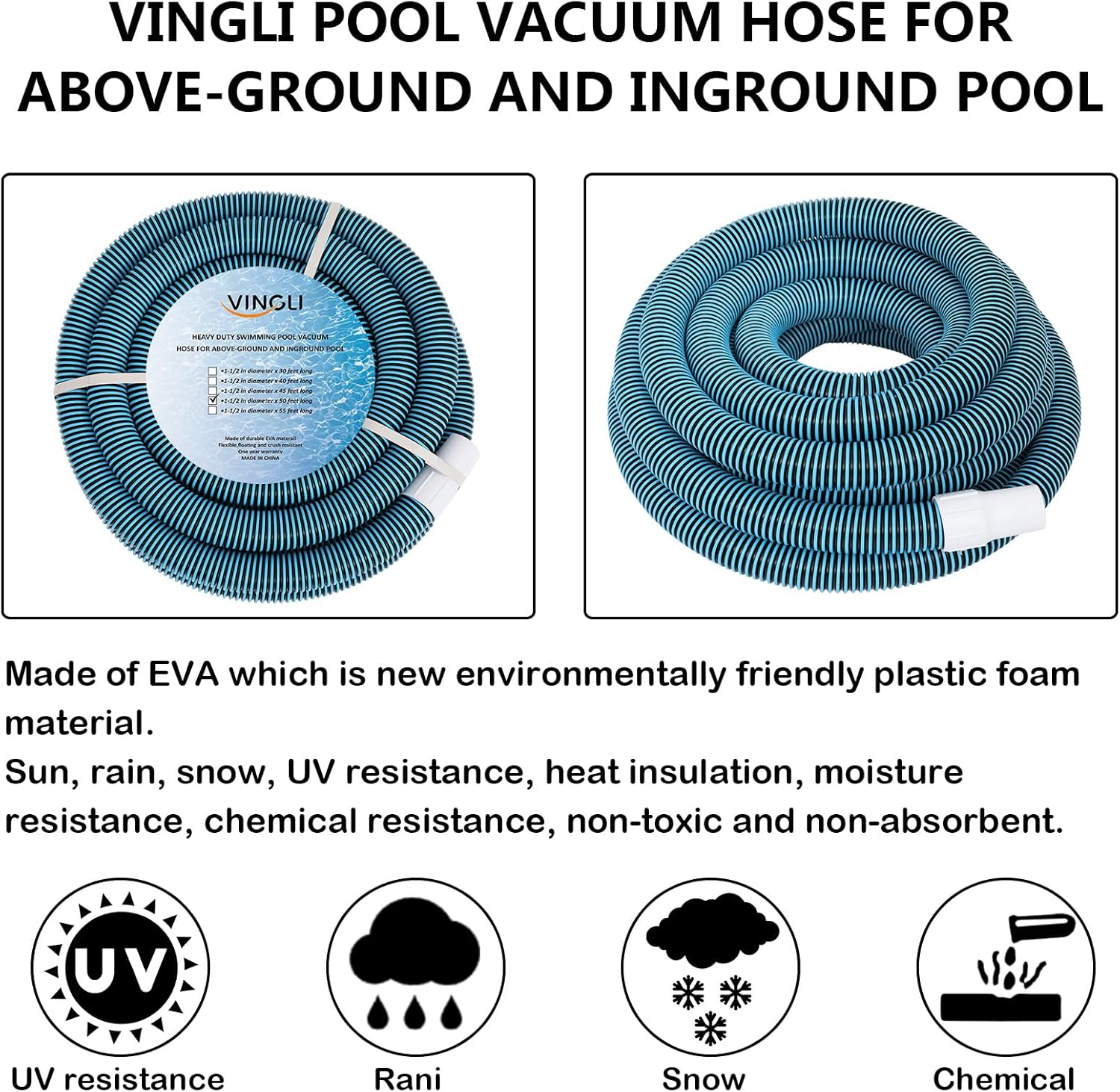 VINGLI 1-1/2-Inch by 50-Feet Blue Swimming Pool Vacuum Hose for Inground and Above-Ground Pools