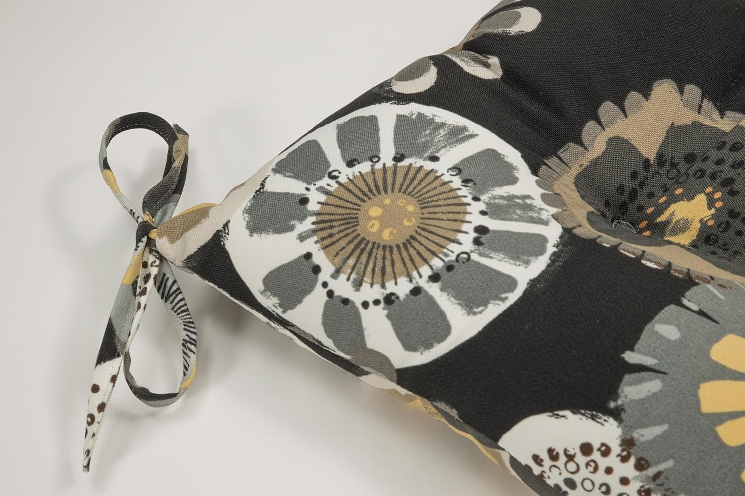 Pillow Perfect Floral Indoor/Outdoor Chair Seat Cushion with Ties, Tufted, Weather, and Fade Resistant, 18.5" x 19", Black/Yellow Crosby, 2 Count