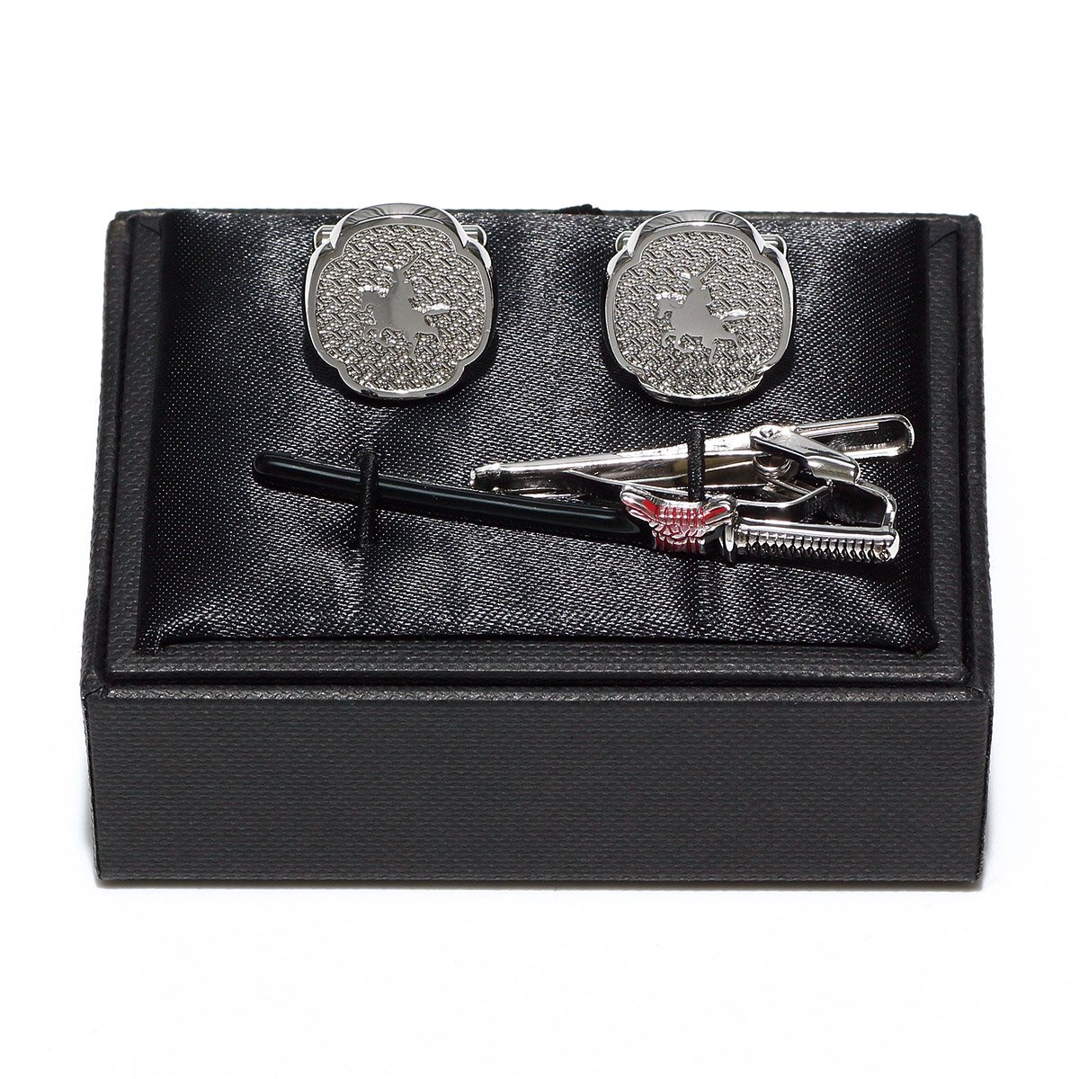 FORTUNA Tokyo Men’s Tie Clip Cuffs Gift Set -19. MASAMUNE Date Japanese Sword Design Made in Japan Black Silver