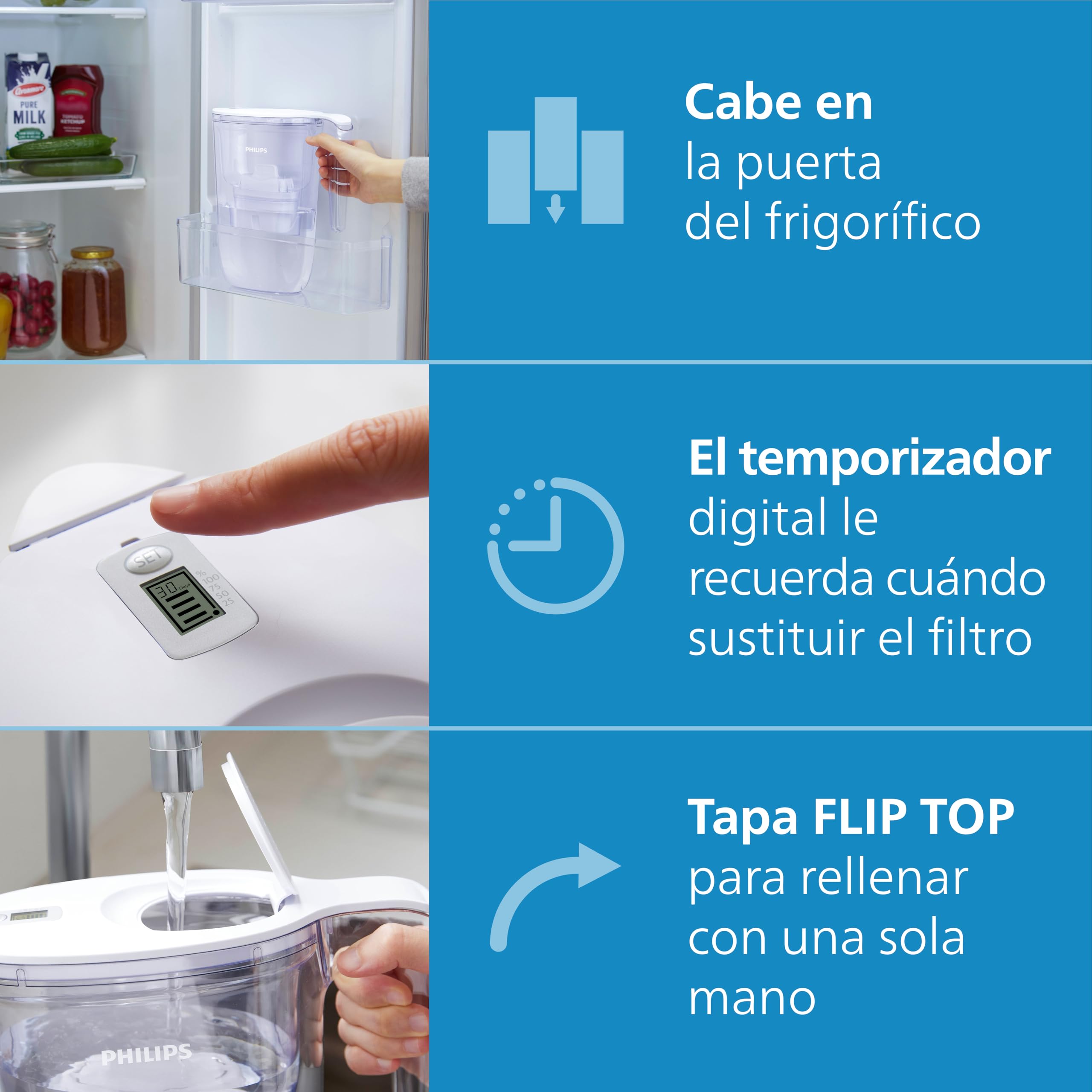 Philips Water Filtro de jarra + 3 cartuchos de filtro de repuesto, Filtración Avanzada, flujo rápido, temporizador electrónico, filtra CLORO, CAL, metales pesados y MICROPLÁSTICOS, capacidad 2,6 L — view 7
