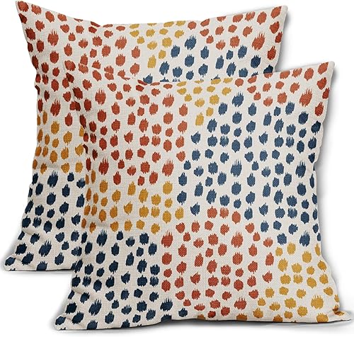 Juego de 2 fundas de almohada de color azul, naranja y amarillo de 18 x 18 pulgadas, con diseño de puntos artísticos de colores otoñales, almohadas