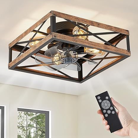 LEDIARY Caged Low Profile Ceiling Fans with Lights and Remote, Rustic Square Flush Mount Ceiling Fan, 6 Speed and Reversible, Small Farmhouse Bladeless Ceiling Fan for Bedroom, Kitchen, Dining Room