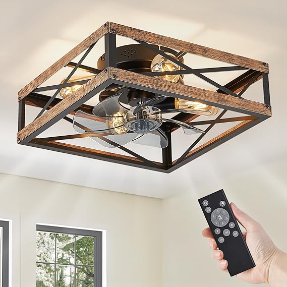 LEDIARY Caged Low Profile Ceiling Fans with Lights and Remote, Rustic Square Flush Mount Ceiling Fan, 6 Speed and Reversible, Small Farmhouse Bladeless Ceiling Fan for Bedroom, Kitchen, Dining Room