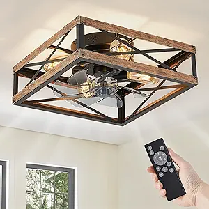 LEDIARY Caged Low Profile Ceiling Fans with Lights and Remote, Rustic Square Flush Mount Ceiling Fan, 6 Speed and Reversible, Small Farmhouse Bladeless Ceiling Fan for Bedroom, Kitchen, Dining Room