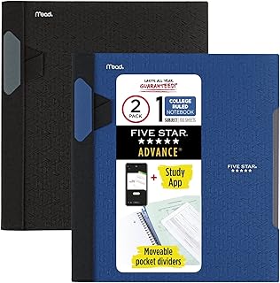 Five Star Cadernos espirais avançados + aplicativo de estudo, pacote com 2, 1 assunto, papel pautado universitário, 28 x 21 cm, 100 folhas, com protetor espiral e divisórias móveis, preto, azul pacífico (820112)