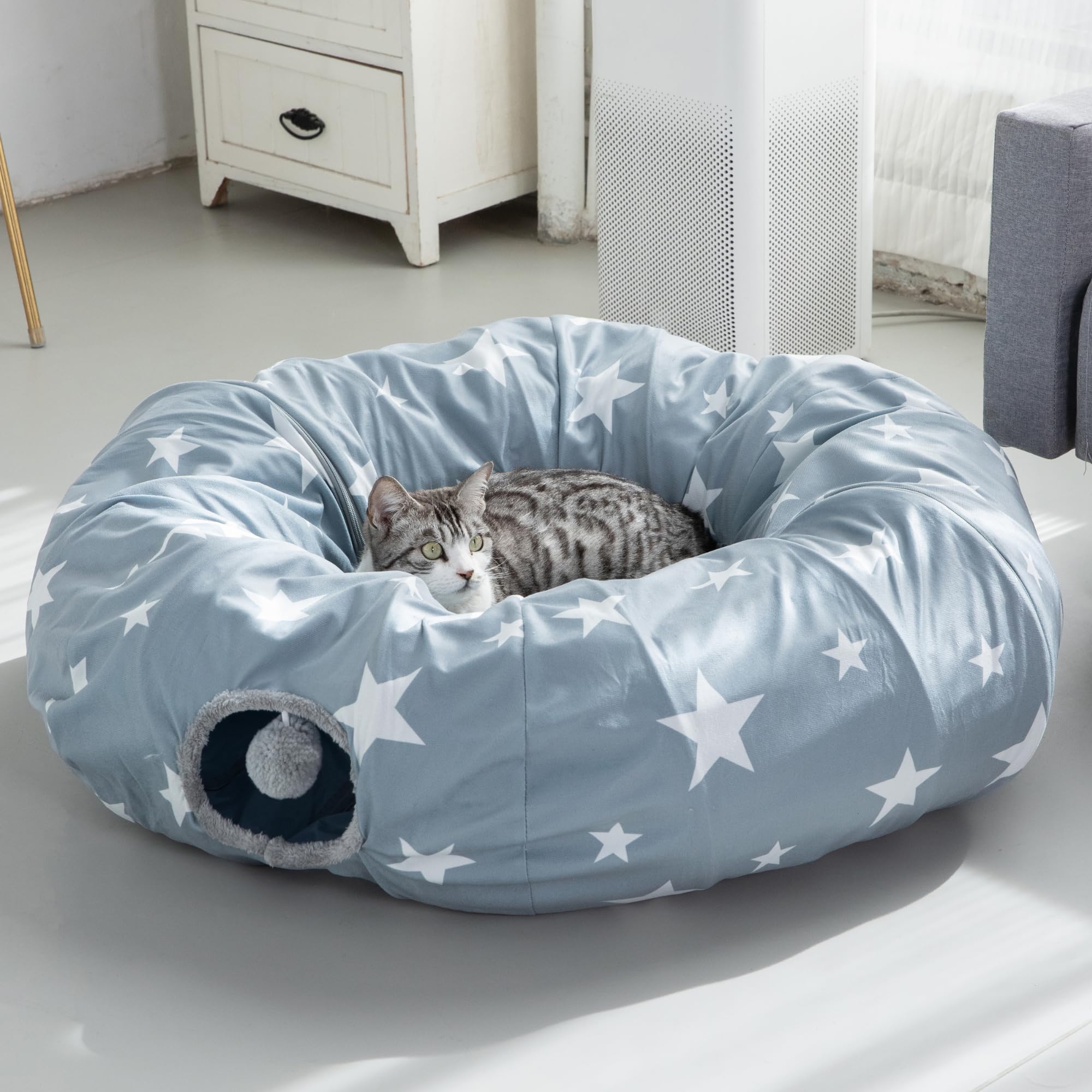 JanYoo Grand tunnel pour chat d'intérieur - Lit en forme de donut avec balle - Pliable - Interactif - Jouet pour chat d'intérieur - Gris