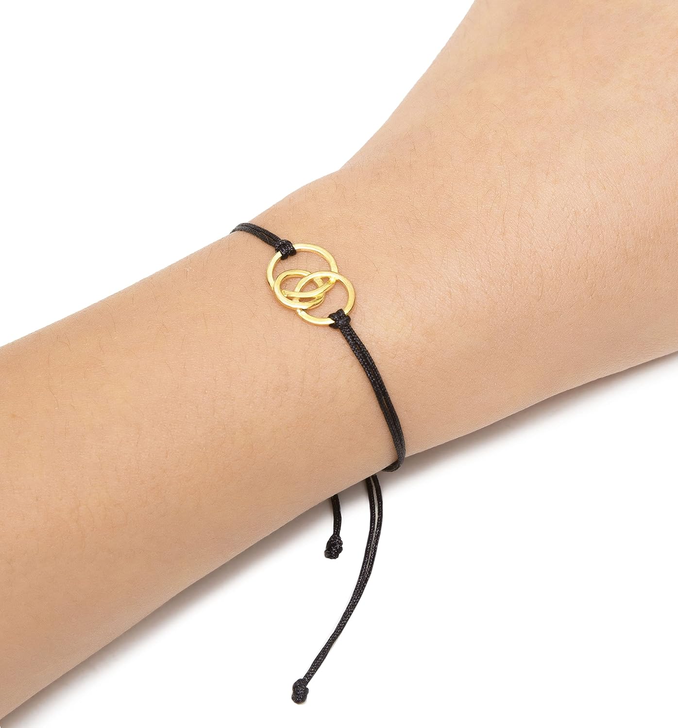 Gold Triple Open Circles Link Charm Friendship Bracelets with Black Thread and Message Card, Perfect Jewelry Gift for Friend and Family, Adjustable Pull Thread Kindred Cord - Image 2