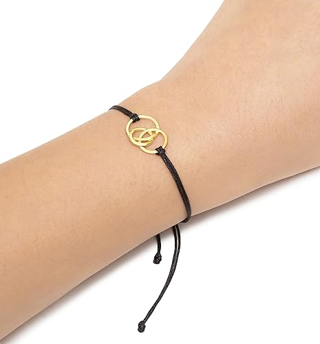 Miniatura 2 de Gold Triple Open Circles Link Charm Friendship Bracelets with Black Thread and Message Card, Perfect Jewelry Gift for Friend and Family, Adjustable