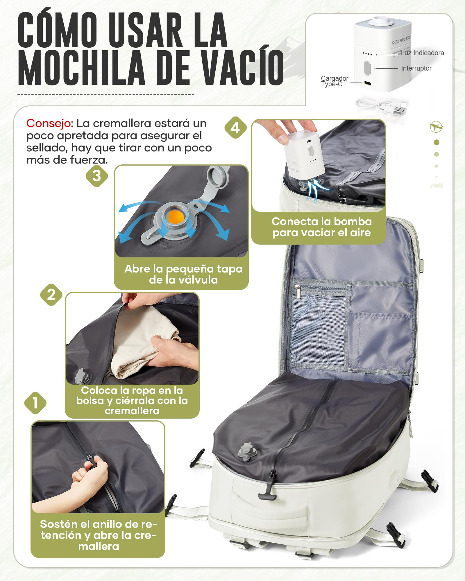 Mochila de Viaje al Vacío con Bomba, Impermeable Mochila de Compresión al vacío, Mochila Viaje Cabina 40x30x20 Ryanair con Sistema de Compresión Hombre y Mujer Beis