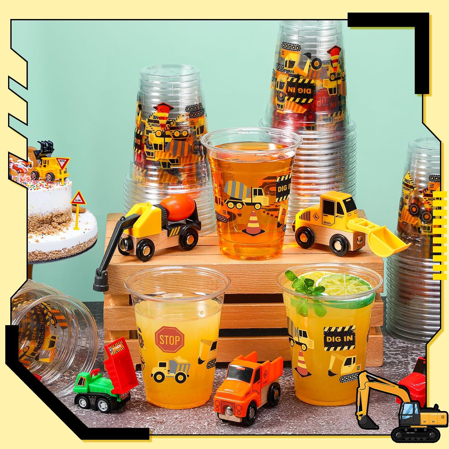 FoldTier 50 Pcs Construction Cups 12 oz Traffic Zone Birthday Glasses Plastic Dump Truck Construction Drinking Cups for Home Traffic Zone Birthday Party Favors Supplies Decoration