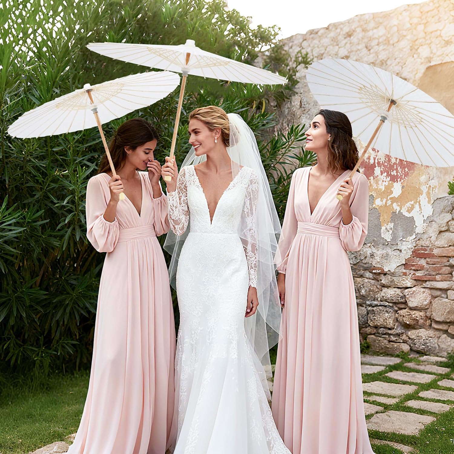 6 Pack 33 Inch White Paper Umbrellas for Wedding, Chinese Japanese Parasol, DIY Oiled Paper Umbrella with Thank You Cards & Storage Bags for Bridal Shower, Craft, Photography, Party Decor