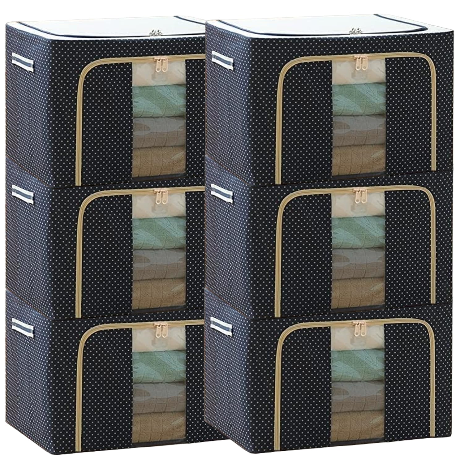 Wardrobe Organizer for Clothes 66 Liter Capacity Foldable Stackble Storage Box Collapsible Steel Frame Storage Container with Zipper with Clear Window and Handle organizer for wardrobe Pack of 6