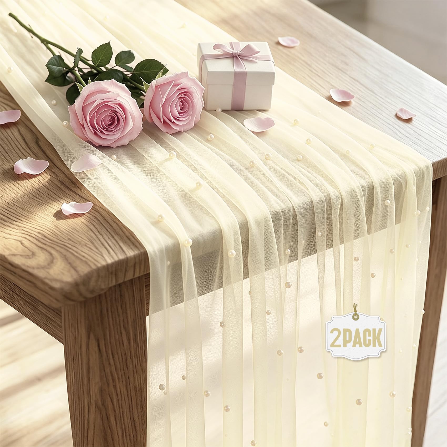 View 1 of 10FT Pearl Tulle Table Runner, Champagne Sheer Gauze for Wedding & Shower