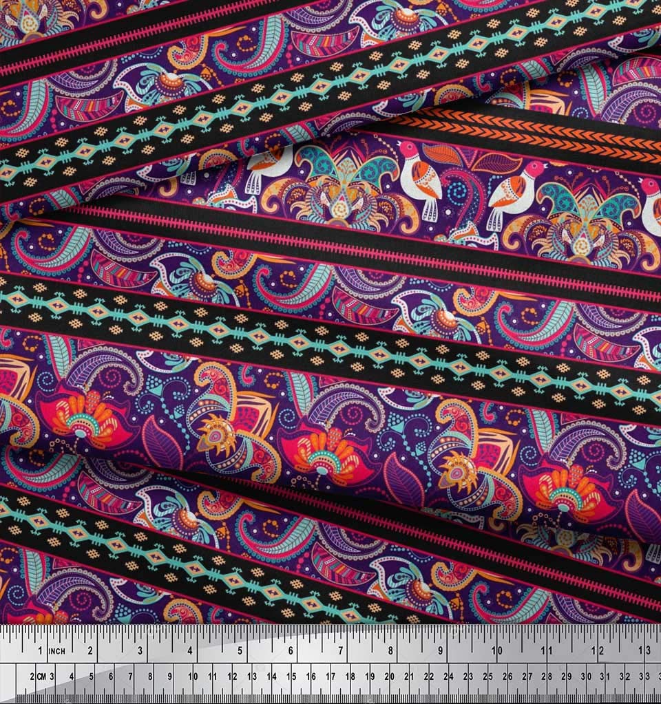 Soimoi Georgette Viscose Fabric Black Sketch Paisley Print Fabric...