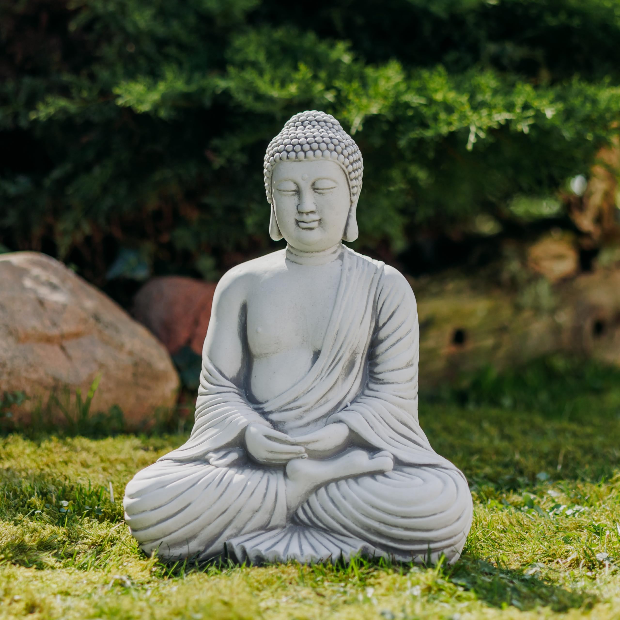 Gelukkige Boeddha, stenen figuur, H. 41 cm, 8 kg, grijs, vorstbestendig gegoten steen voor buiten