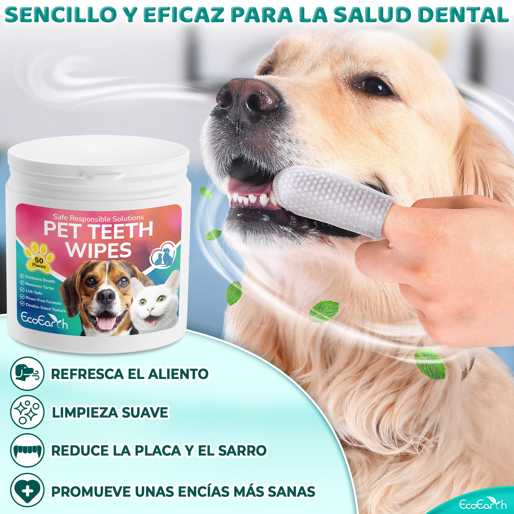 EcoEarth Toallitas de Limpieza Dental Premium para Perros y Gatos - 100 Piezas - Almohadillas para los Dedos para el Cuidado Dental de Mascotas para un Aliento Fresco y una higiene bucal