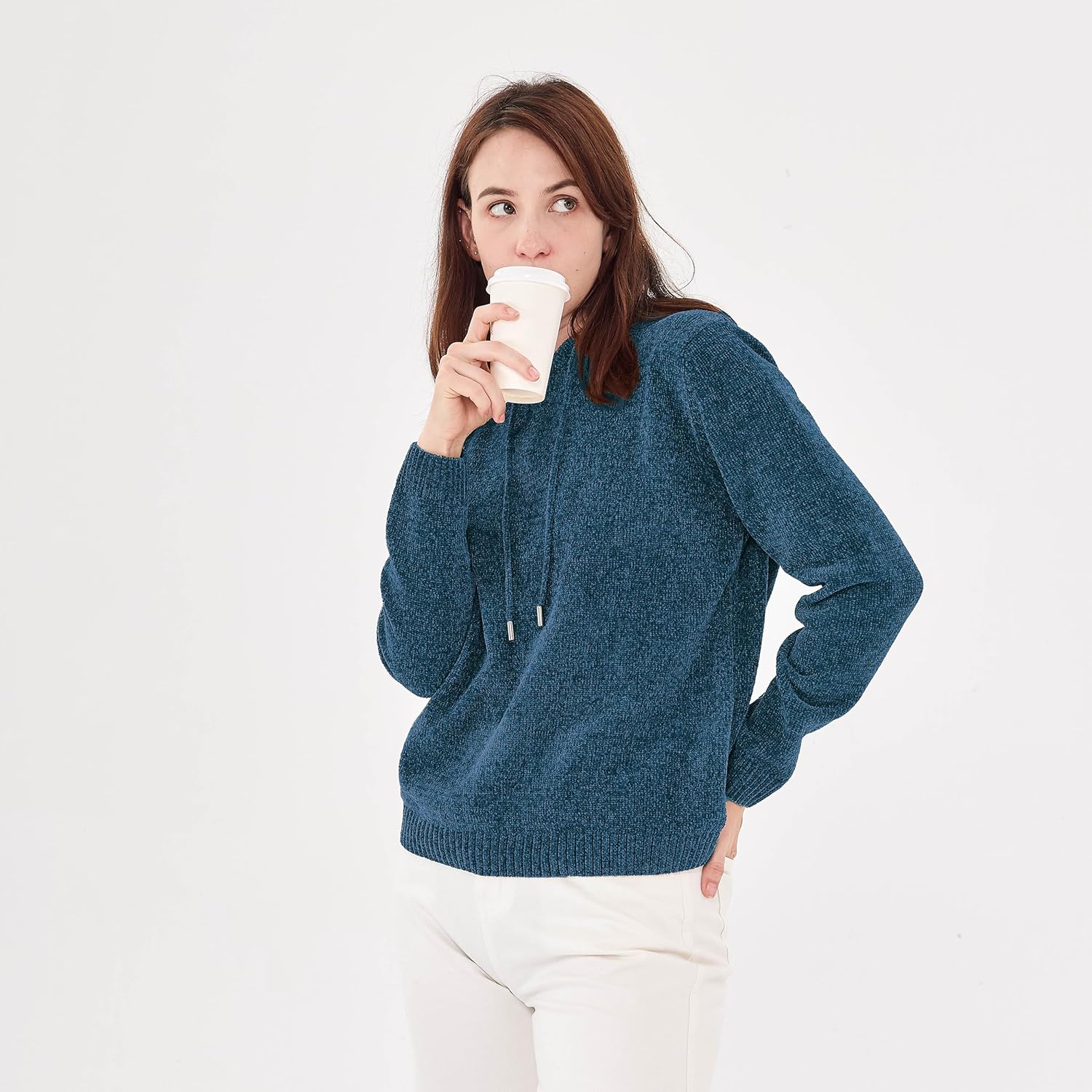 Simple&Opulence Women's Chenille Sweater Drawstring Hooded Long Sleeve Pullover Ribbed Cuff Hem Jumper Tops - Image 6