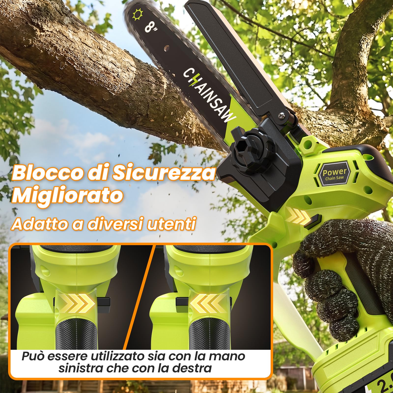 Mini Motosega a Batteria 8 Pollici, 1300W Brushless Motosega Elettrica, 2 x 2000mAh Sega a Batteria per Potatura con Pompetta Olio e Catena di Ricambio, Potatura per il Taglio del Legno Giardini