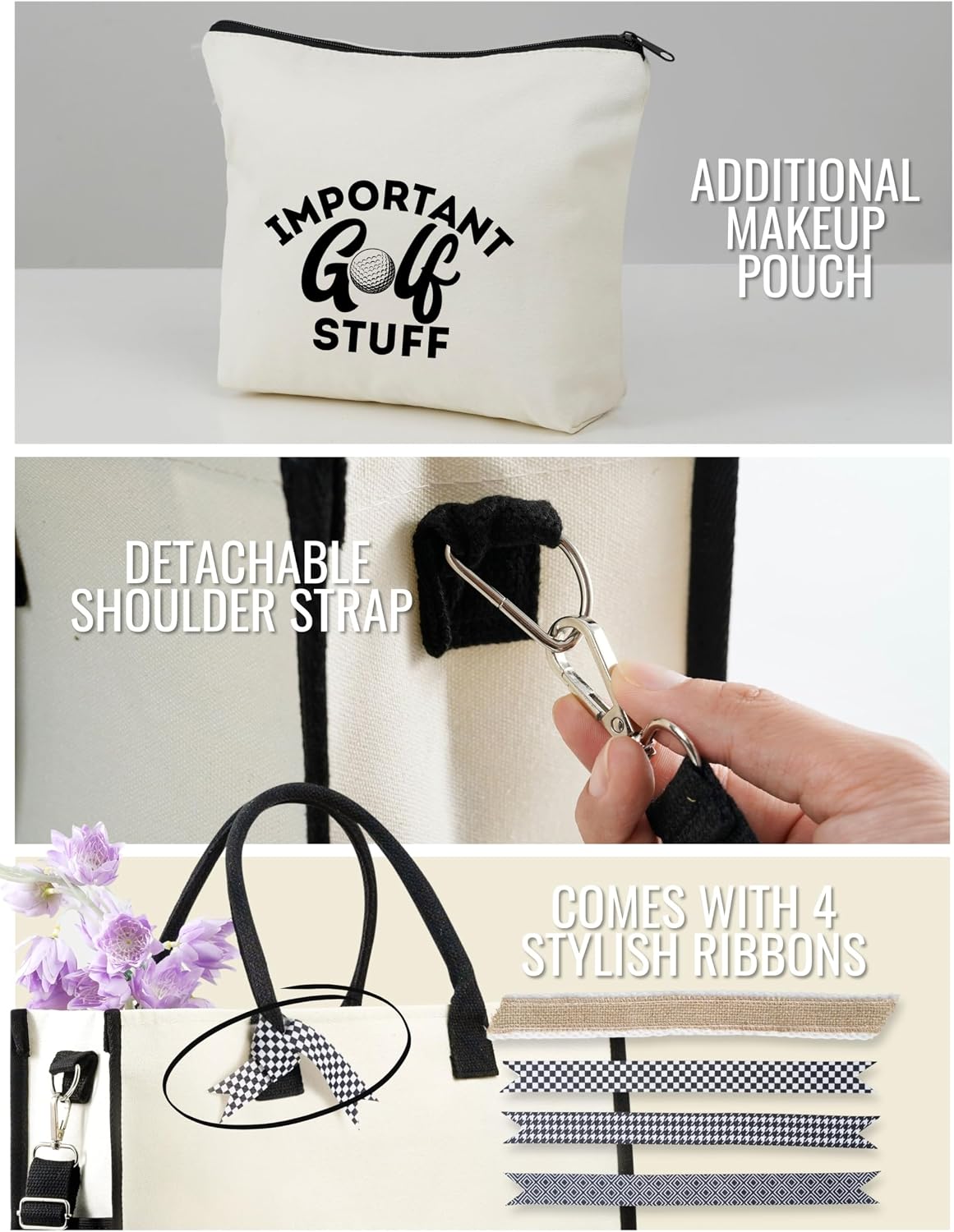 InnoBeta Golf Gifts for Women Canvas Tote Bag, Women Golfer Tote Bag with Top Zipper Closure and Shoulder Strap for Golf Lovers