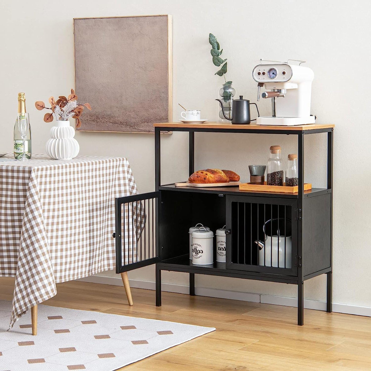 Buffet Storage Cabinet, Coffee Station Sideboard with Open Shelve & 2-Door Cabinet, Modern Metal Console Table for Home, Cafe, Natural and Black