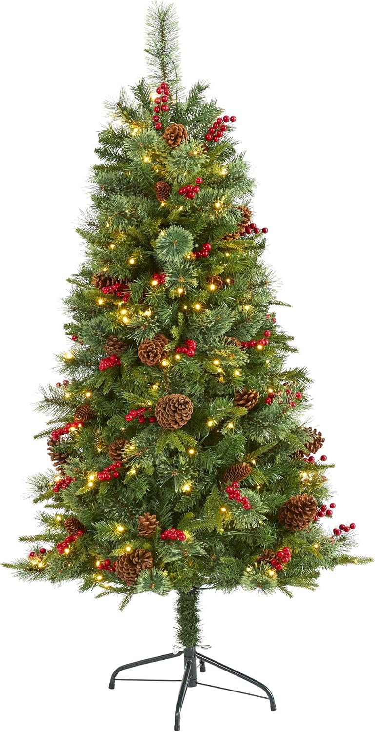 Nearly Natural 5ft. Norway Mixed Pine Artificial Christmas Tree with 200 Clear LED Lights, Pine Cones and Berries