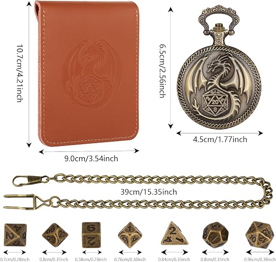 Dragon Pocket Watch Dice Set, DND Starter Set, DND Gifts with Dice Bag