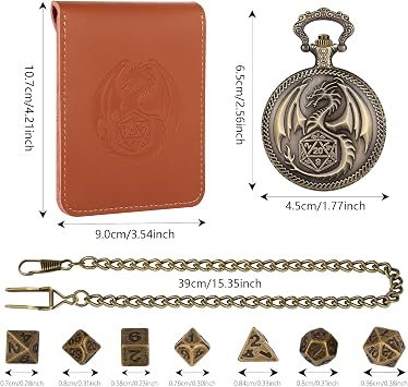 Dragon Pocket Watch Dice Set, DND Starter Set, DND Gifts with Dice Bag