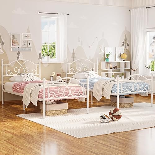 Miniatura 18 de Weehom Marco de cama individual, marcos de cama de metal modernos de tamaño individual para niños y niñas, no necesita somier, base de cama