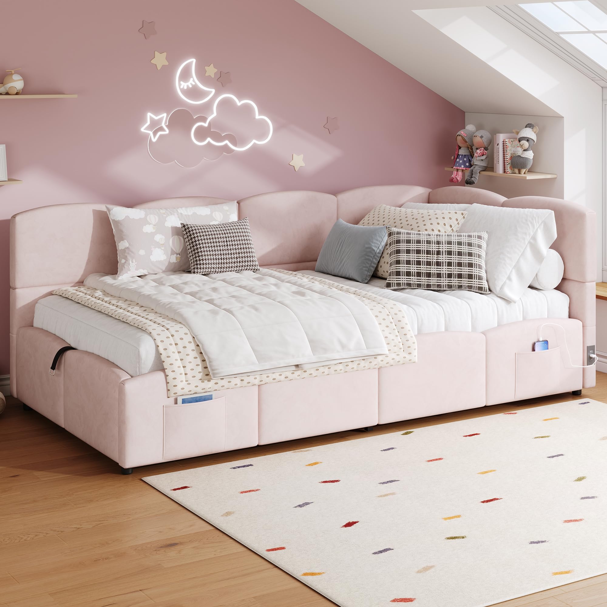 Ball & Cast Single Bed frame, 3ft Single Upholstered Ottoman Bed, Corner Bed Frame, Girls Daybed Sofabed, with USB Charging & Side Pocket, Sturdy Wooden Slat Support, Velvet, Pink, 90 x 190 cm