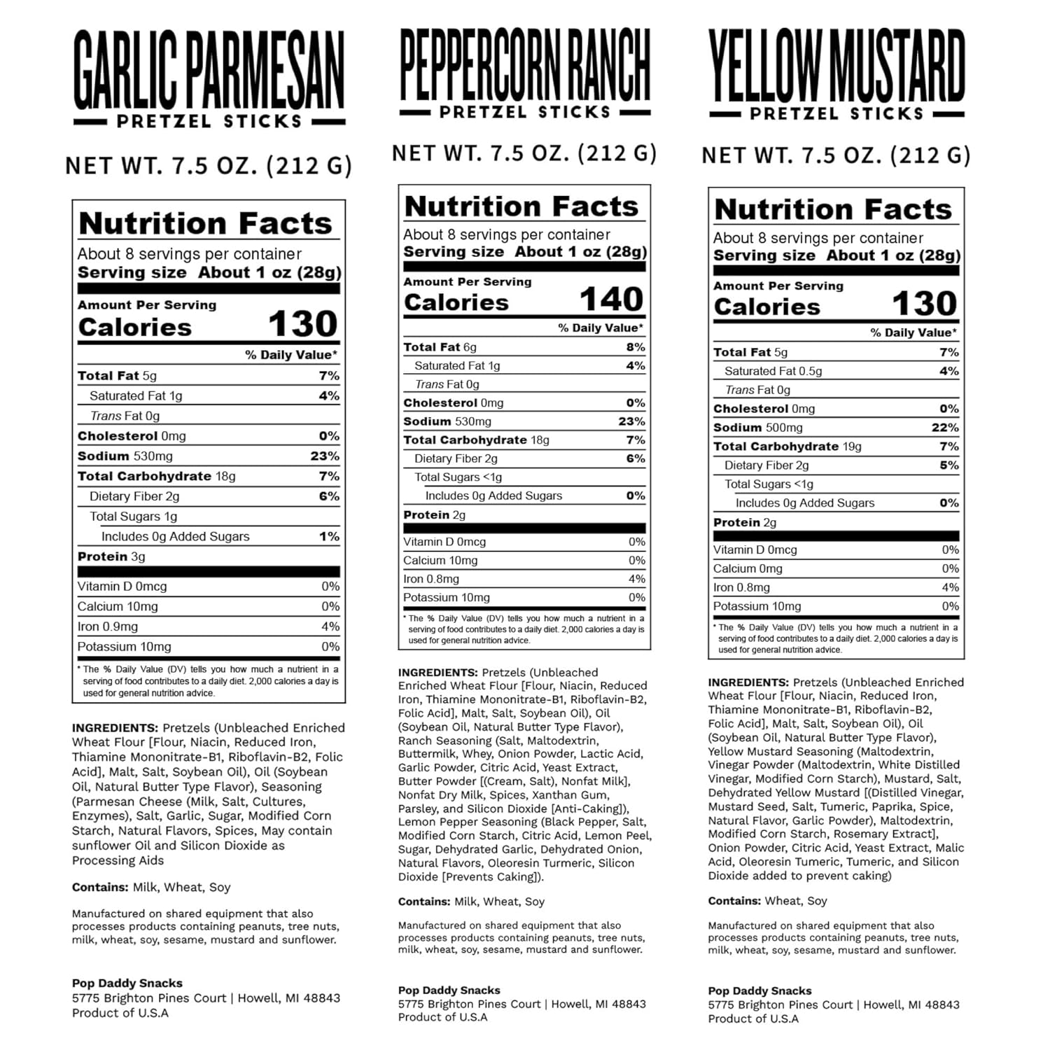Pop Daddy Flavored Pretzels Sticks, Healthy Gourmet Pretzels, 7.5oz Variety Pack, 3 Pack, Garlic Parmesan, Peppercorn Ranch and Yellow Mustard