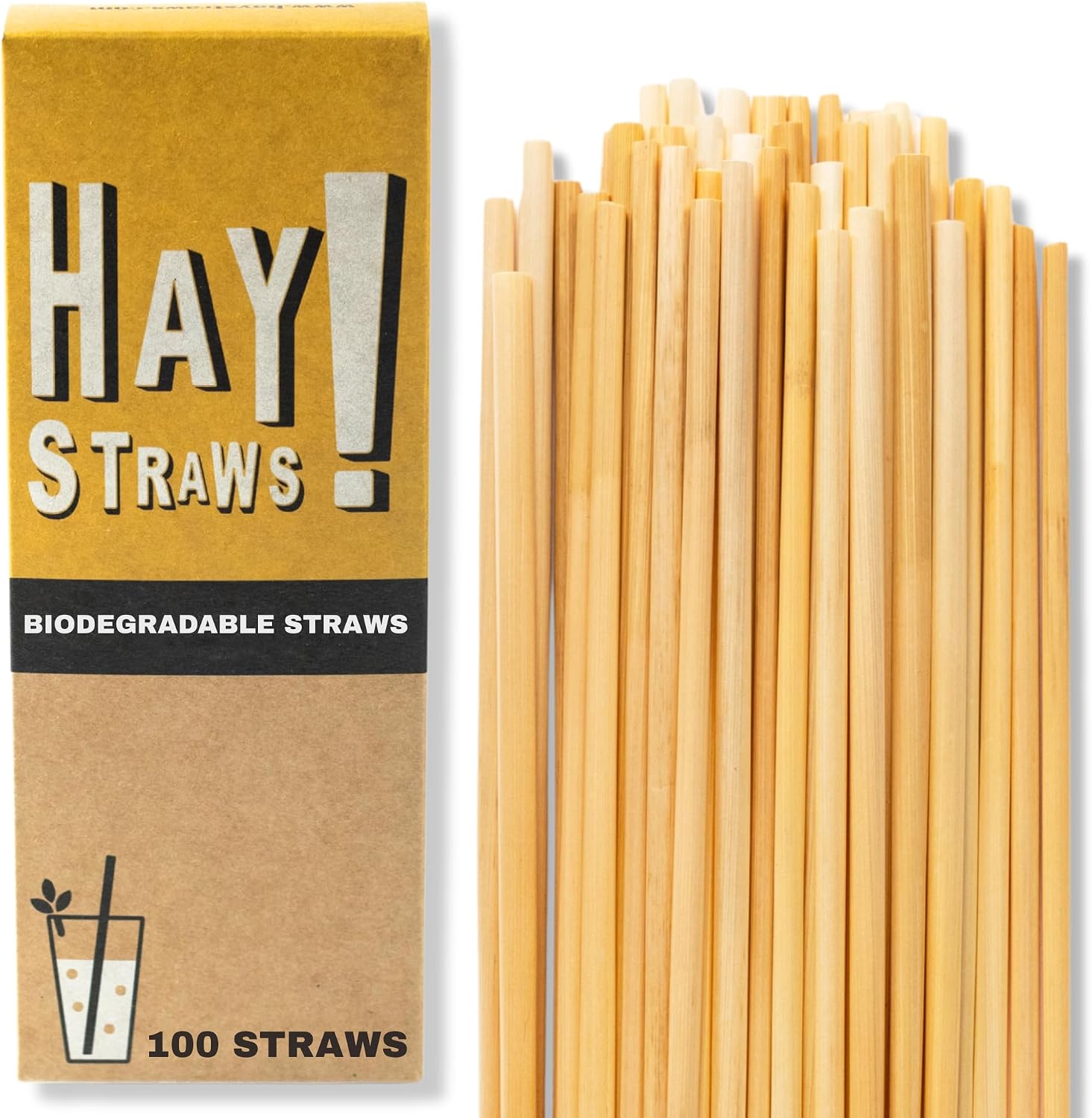 HAY! Straws® 7.75" Regular Drinking Straws | 100ct Disposable Natural Wheat Stem Straws | Never Soggy, Neutral-Taste | 100% Biodegradable | Alternative to Plastic and Bioplastic Straws
