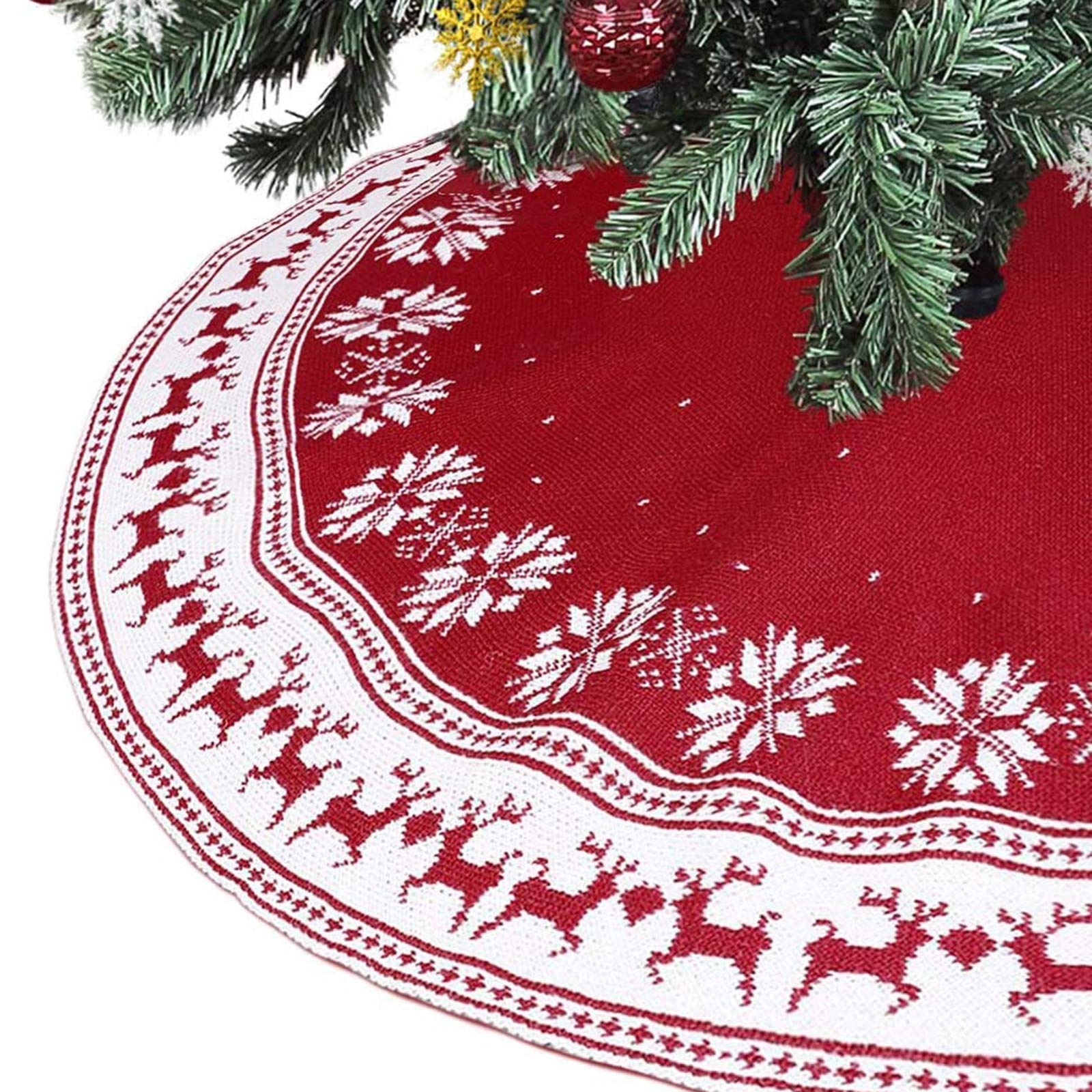 Gonna Per Albero Di Natale 122 Cm - Rossa Con Fiocchi Di Neve, Morbida, Con Lacci, Adatta Per Alberi Medi/Grandi
