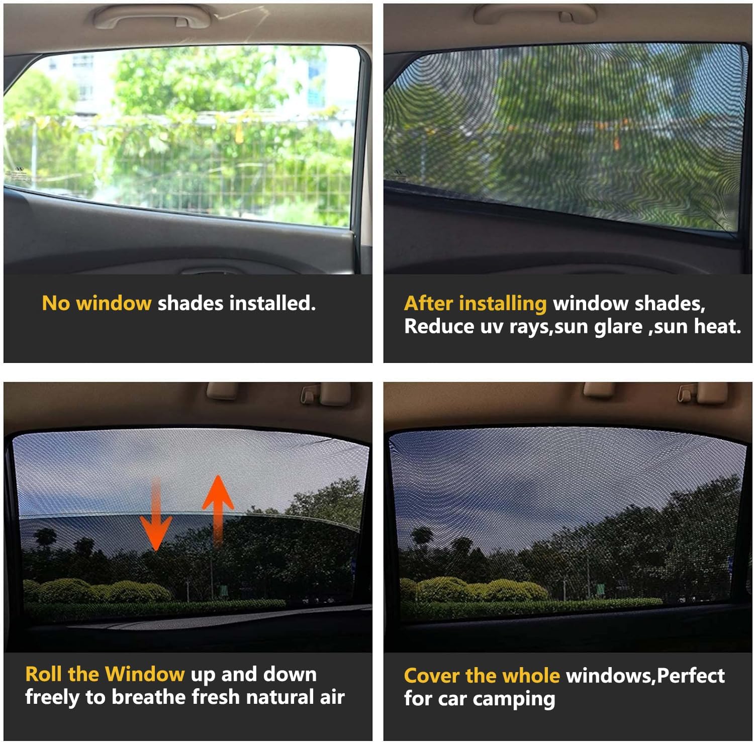 Car Rear Side Window Shades, Breathable Window Screens Sun Shades Covers for Camping,Fit for 96% of Cars, UV Protection, Anti-Sun Glare, Privacy Protection, 2 Pack - Image 2