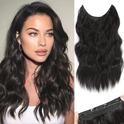 Extensiones de cabello con alambre invisible de 16 pulgadas, color marrón oscuro, extensiones de cabello sintético secreto con alambre transparente,