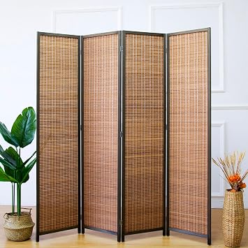 Furnnylane 4 Panel Bamboo Room Divider and Folding Panel Screen,Bamboo Panel Divider for Room Separation,Brown,170 cm H x 156 cm W