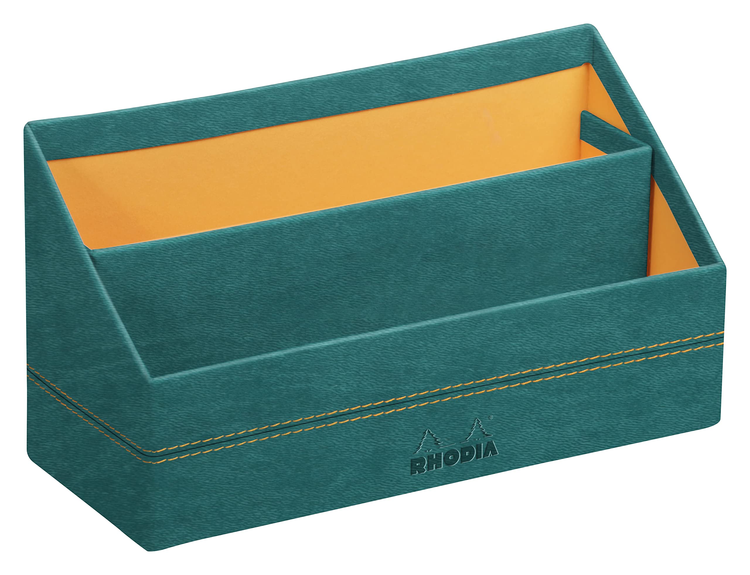 RHODIA 194610C - Portacartas de pavo real - 25x10x31 cm - Costuras de caballete naranjas - Exterior de piel sintética - Colección Rhodiarama - Organización de oficina y almacenamiento de diseño