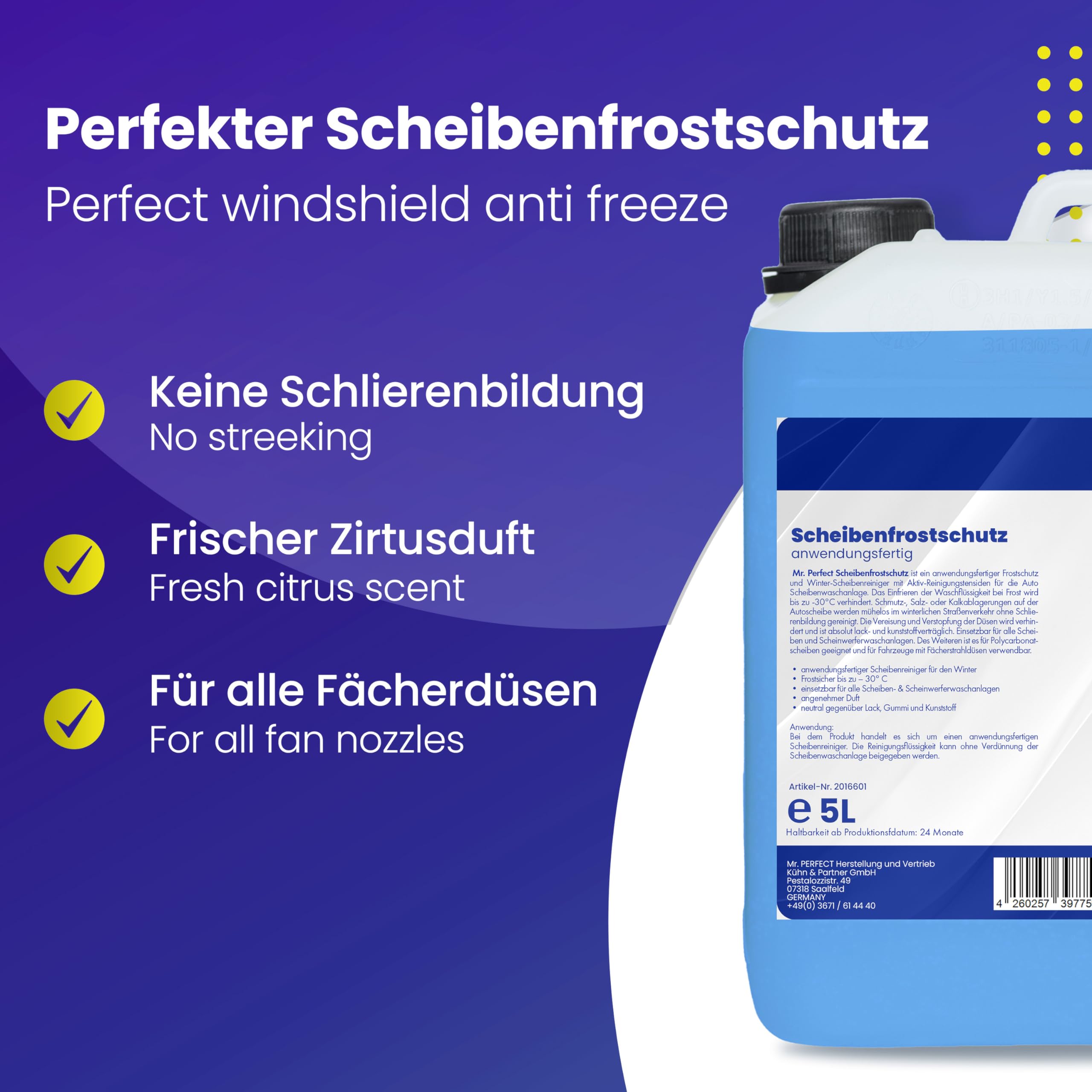 Mr. Perfect® Frostschutzmittel - Windschutzscheiben - 4x5L – Auto - Citrusduft - Scheibenwaschanlage bis -30°C - schlierenfrei - sofort mischbereit - Winter Scheibenwischwasser