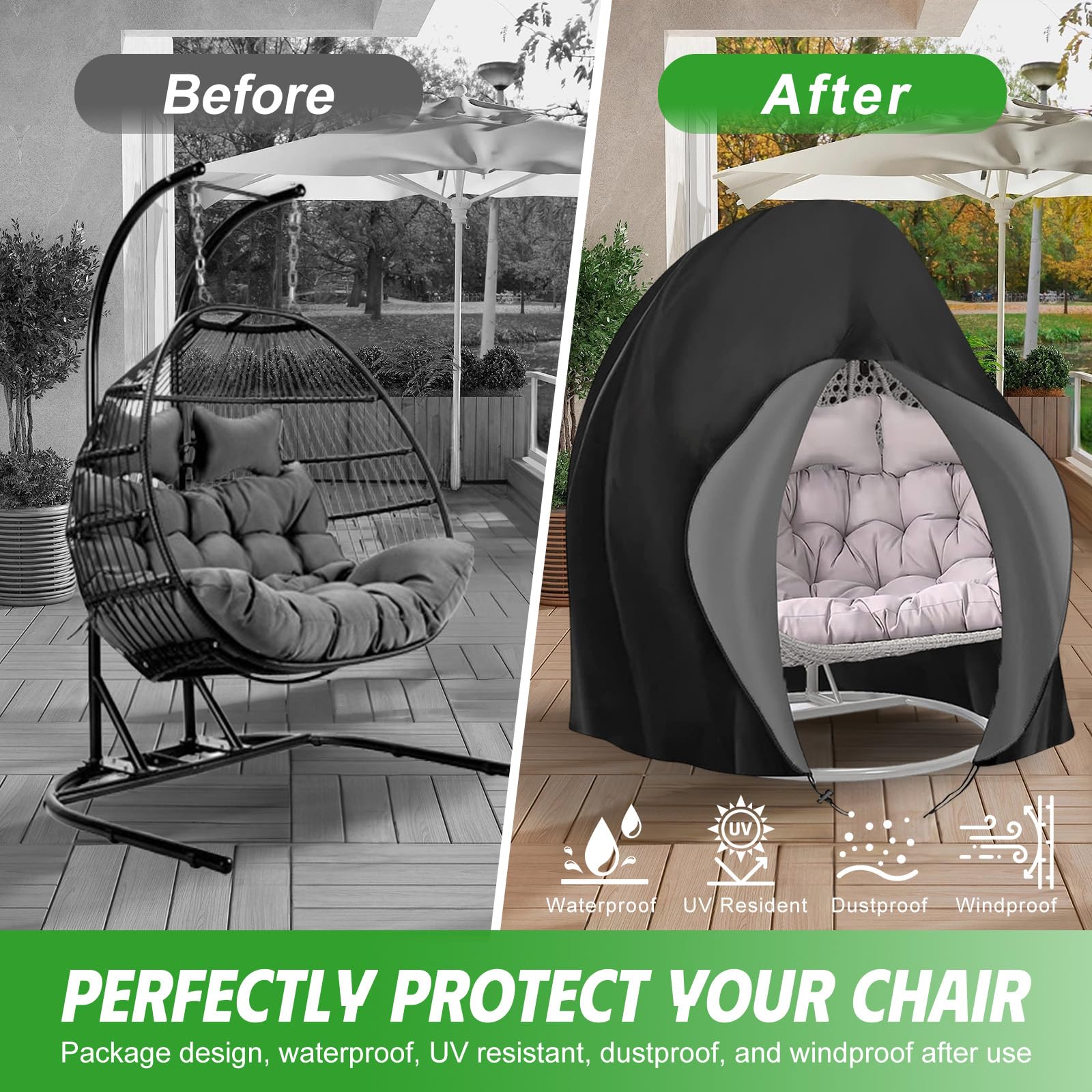 Hängesessel Abdeckung Hängestuhl Schutzhülle Ei-Stuhlbezug Patio Outdoor Swing Egg Chair Cover Wasserdicht Anti-Staub mit Reißverschluss 210D Oxford Hängekorb Schwingsessel Abdeckhauben 200 x 230 cm