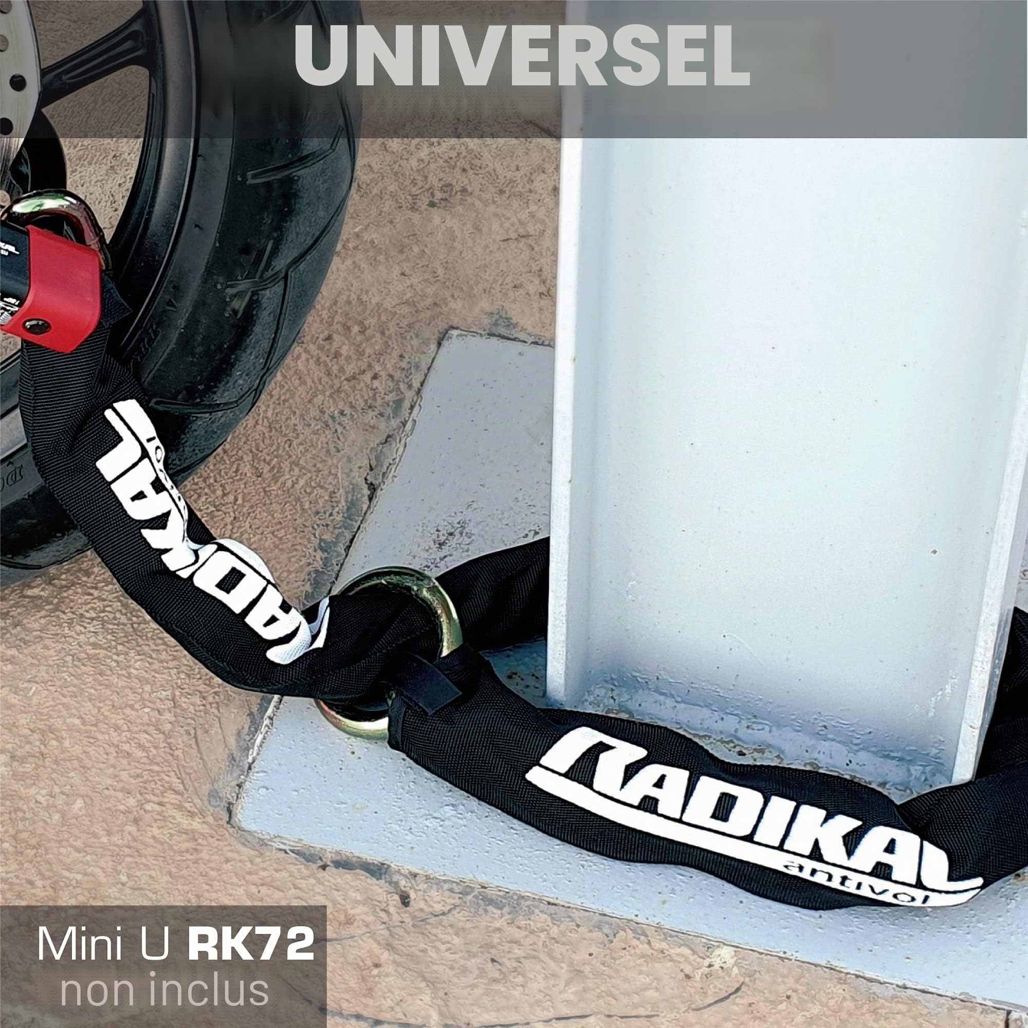 RADIKAL RK14120L Chaine Antivol Haute Sécurité, Maillons Acier Cémenté ø14mm, Anneau Boucle 120cm, Housse Textile, Cadenas Chaines Ancre Garage, Conteneurs, Portails, Moto, Scooter, Velo Electrique