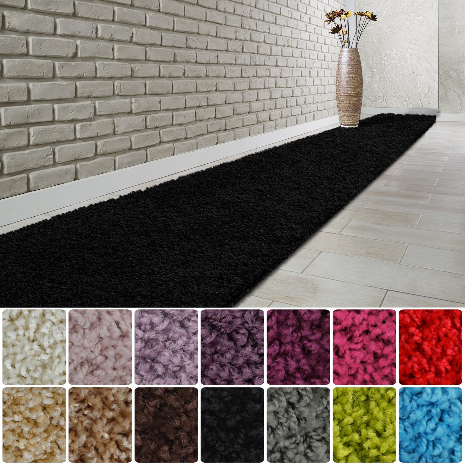 casa pura® Shaggy Rug Runner for Hallway, Black 80x400cm | High Pile Rug | Barcelona | Multiple Colours | Custom Width & Length | Matching Stair Treads Available