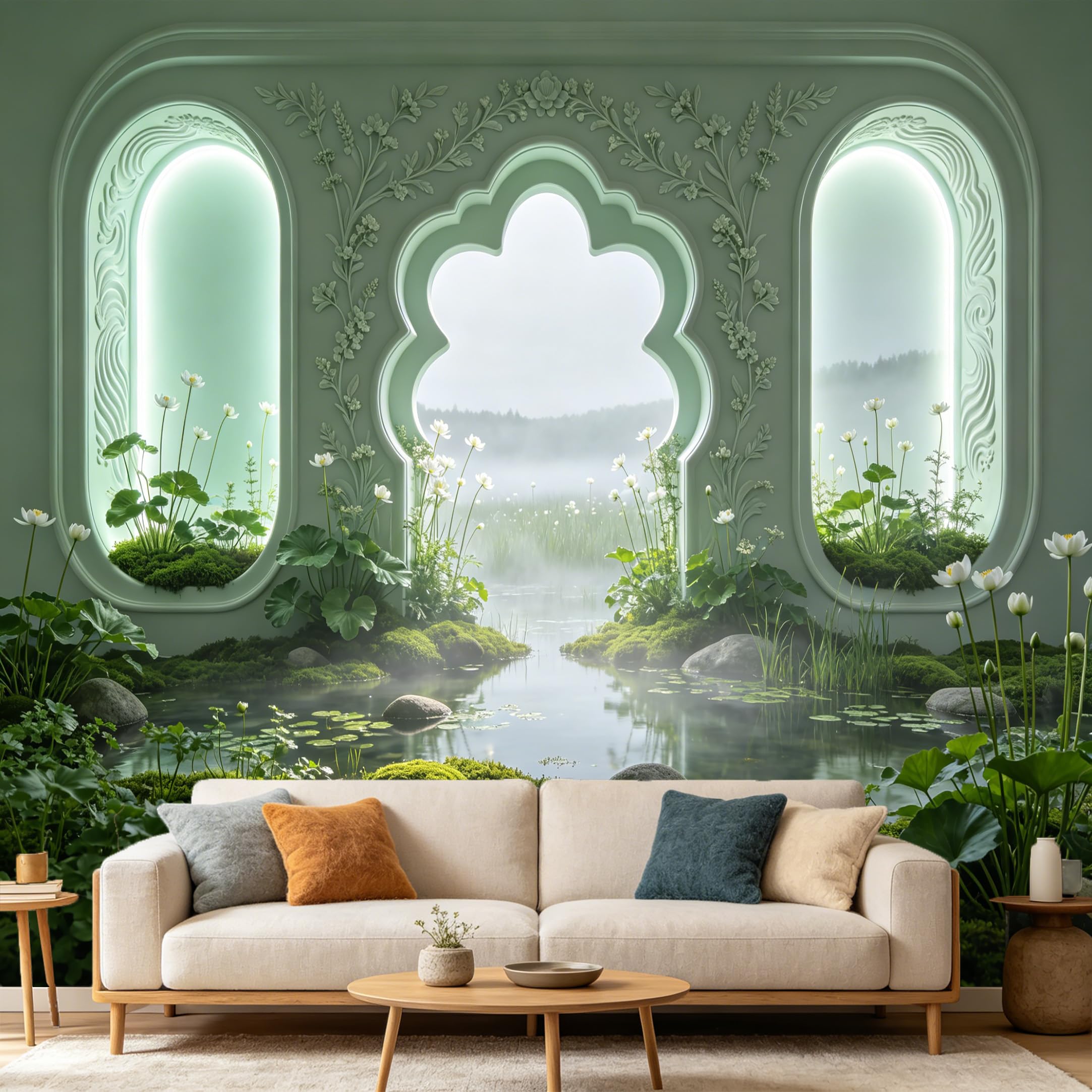 Custom Size Wall Mural， 3D Arch Window Misty Pond White Lotus， SelfAdhesive Art Prints wall Fabric Removable Large Wallpaper Home Living Room Decor， Zen Botanical Nature Scenery