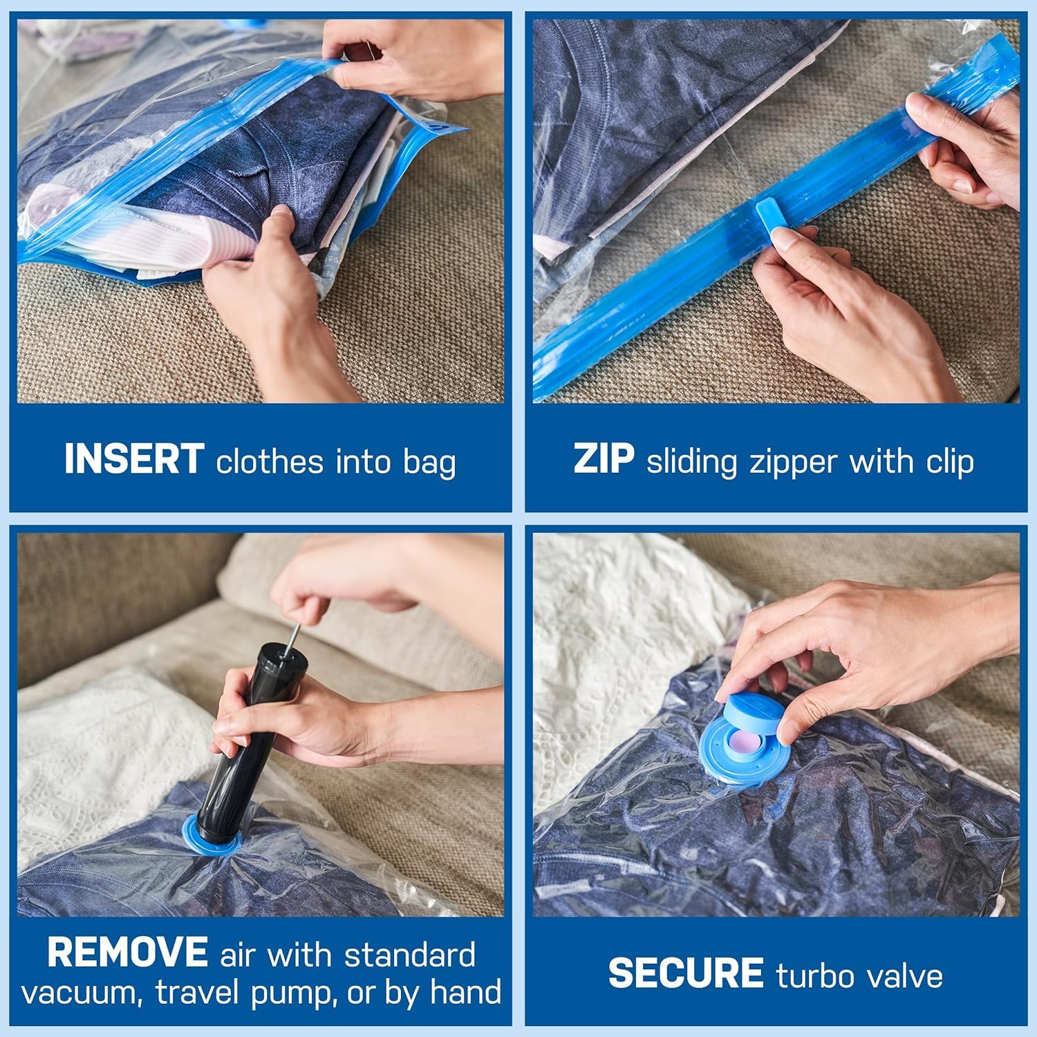 SKYTONE Vacuum Bags for Travel, Space Saver Bags Pack Of 15 Compression Airtight Reusable Bags for Clothes, Bedding, Pillows, Blankets, Vaccine Sealed Compression Packing Bag with Hand Pump 4