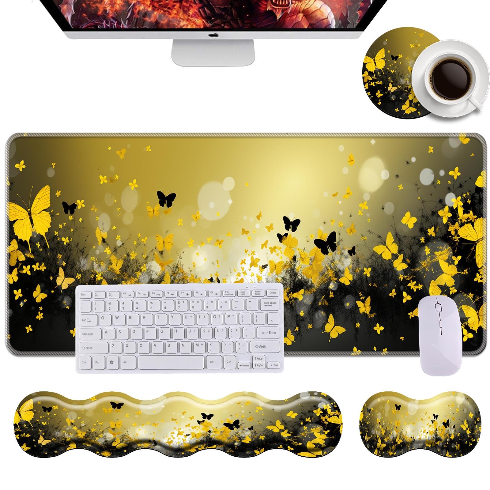 DSRGRGFDJ Keyboard Wrist Rest+Mouse Wrist Pad+Desk Pad Set,Memory Foam Ergonomic Easy Typing Pain Relief for Computer Laptop Office Home - Flowers and