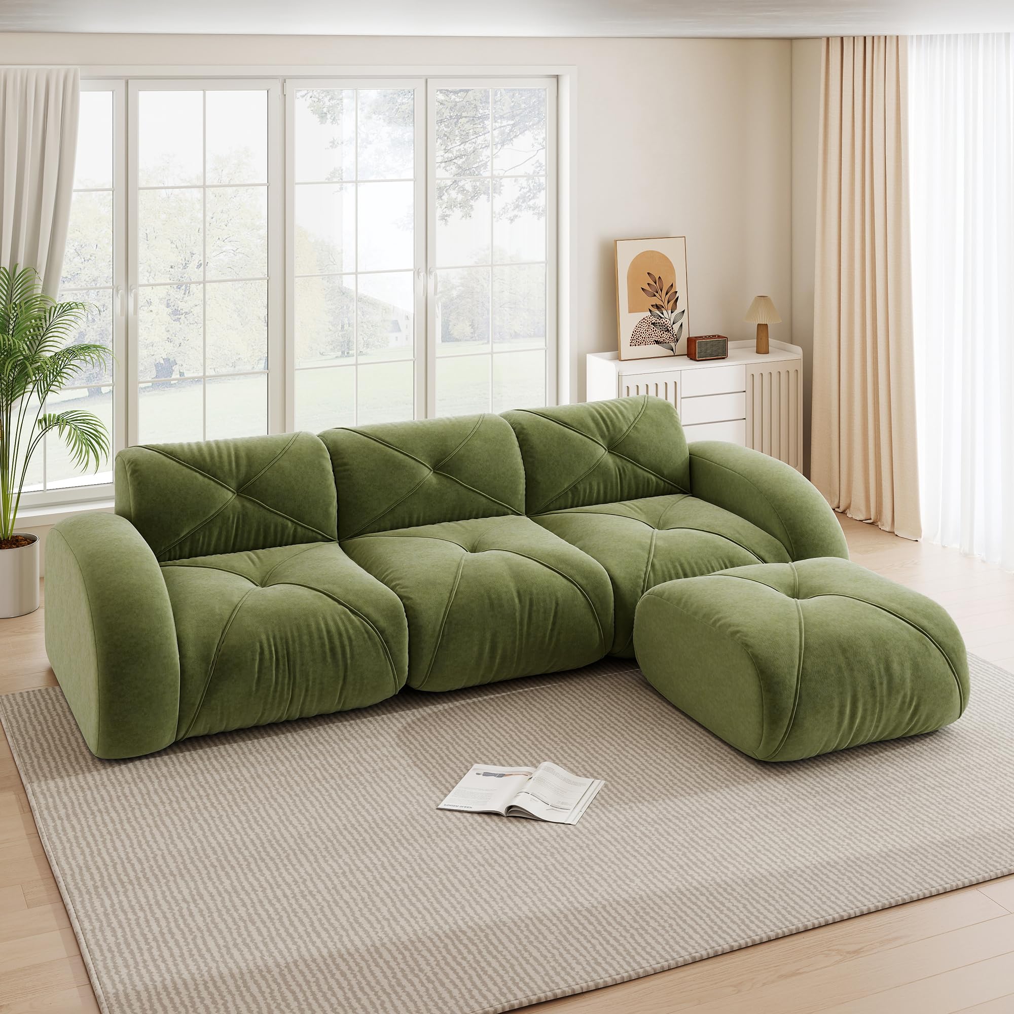 L-Sofa 3-Sitzer mit Fußhocker, Chenille, 32D-Schaum, Grün