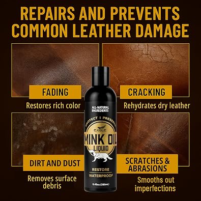 Eagle Mink Oil Liquid Leather Conditioner 8oz with Cloth Softens, Waterproofs & Preserves Boots, Shoes, Bags, Jackets & Furniture Natural Leather & Vinyl Conditioner for Long-Lasting Protection