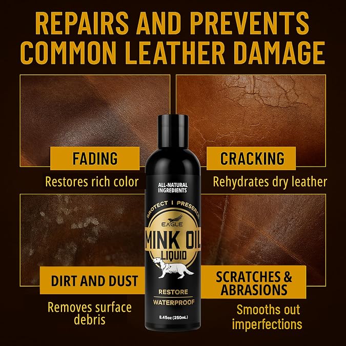Eagle Mink Oil Liquid Leather Conditioner 8oz with Cloth Softens, Waterproofs & Preserves Boots, Shoes, Bags, Jackets & Furniture Natural Leather & Vinyl Conditioner for Long-Lasting Protection