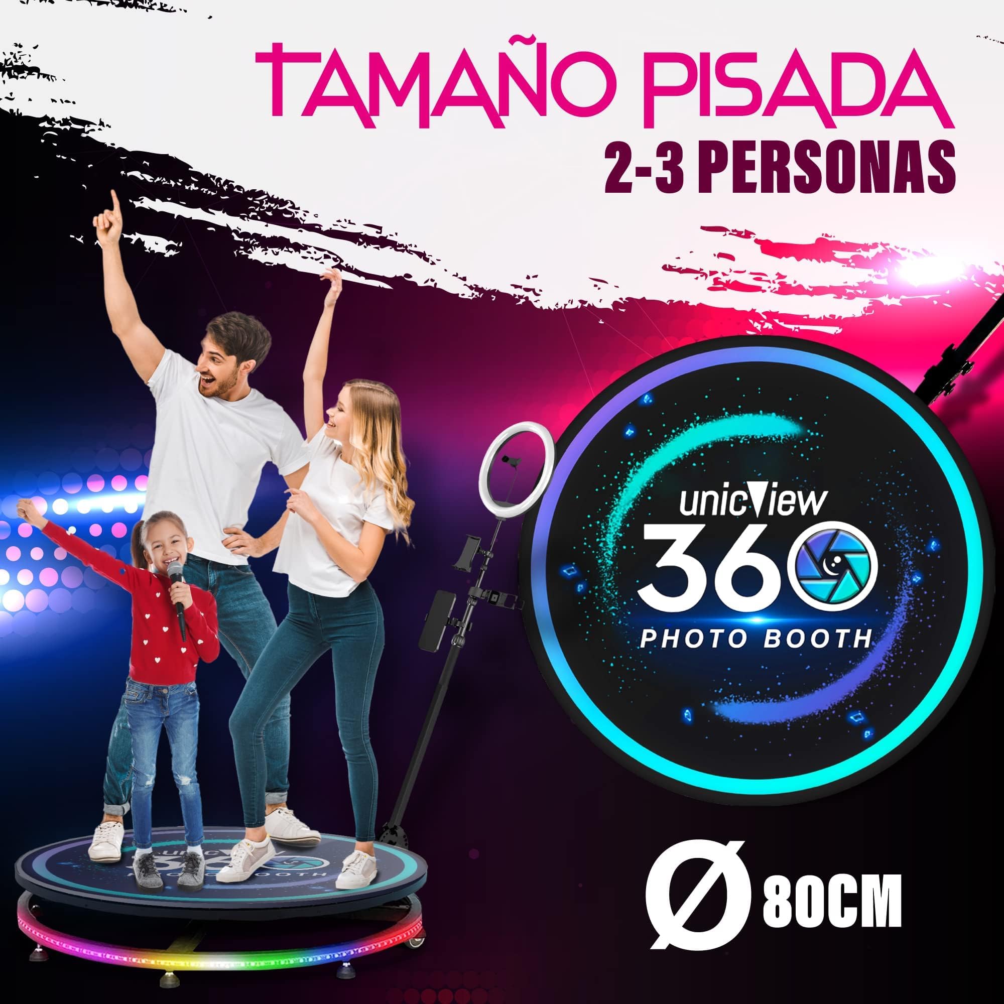 Photo Booth 360, Incluye Mando a Distancia y Soportes para Smartphone, iPad, gopro y cámara Reflex, Anillo de iluminación, Giro configurable Desde el Mando, Maleta (Photobooth 360 de 80cm)